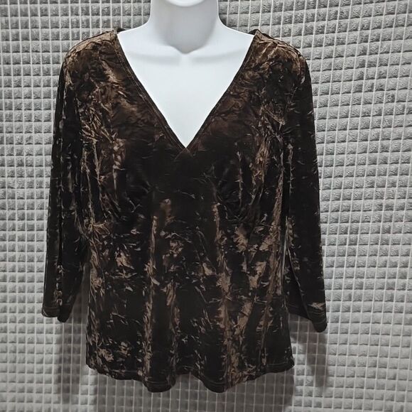 Brown Crushed Velvet Babydoll Top SzLg Y2K 90s VTG 3/4Sleeve Glam Rock Western - Picture 1 of 15